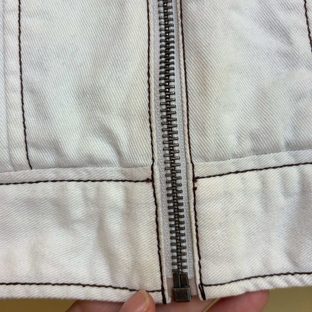 Jakket NY | Cream White Leather & Twill Riveted Studded Zip Pocket Moto Jacket S - Picture 5 of 16
